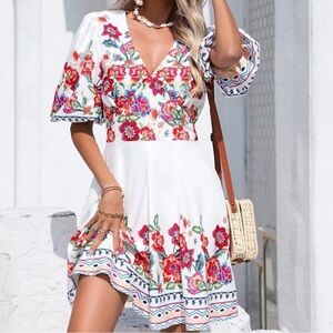 Boho Floral Print Puff Sleeve Dress Without Belt